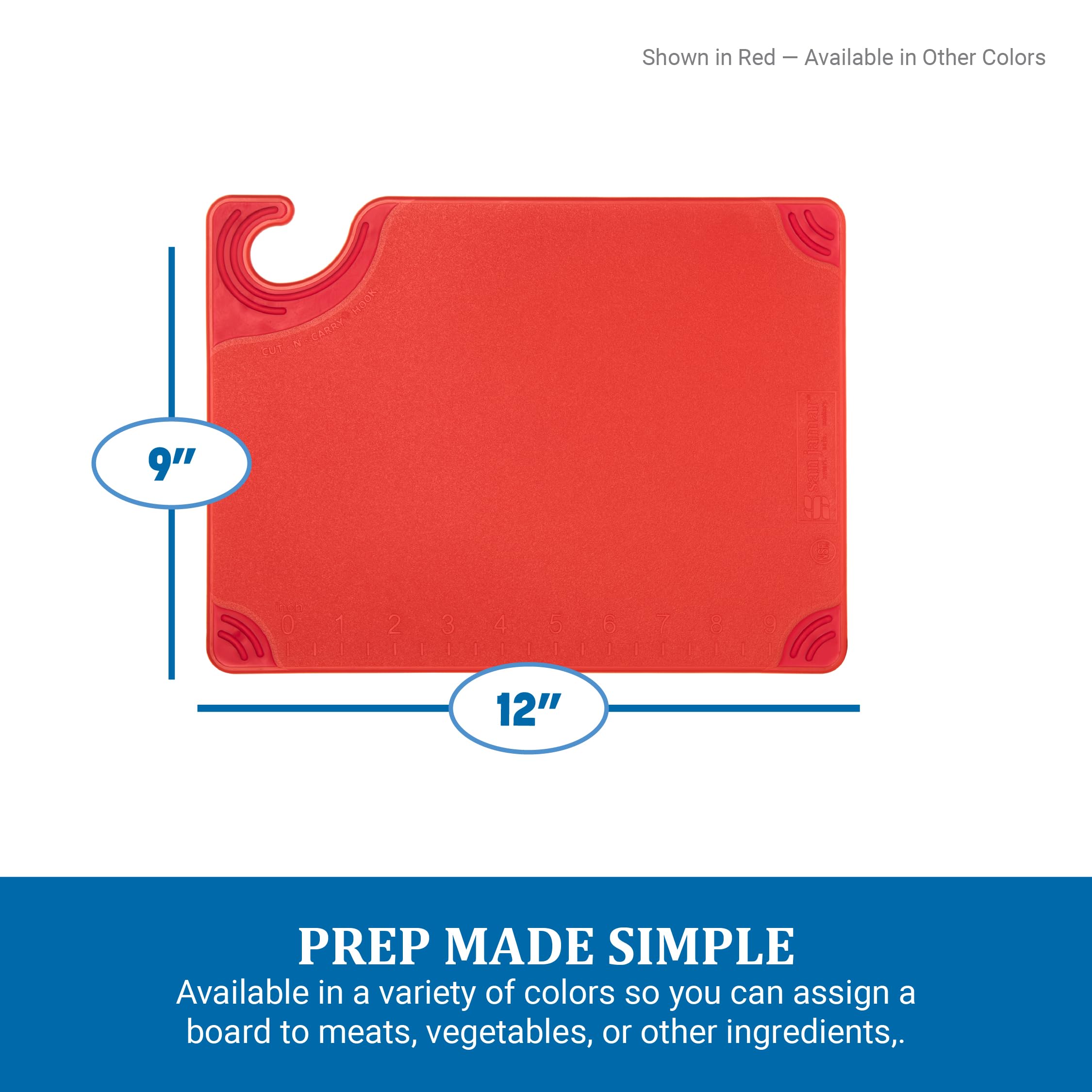 San Jamar cutting board in use on countertop demonstrating compact prep surface and easy handling