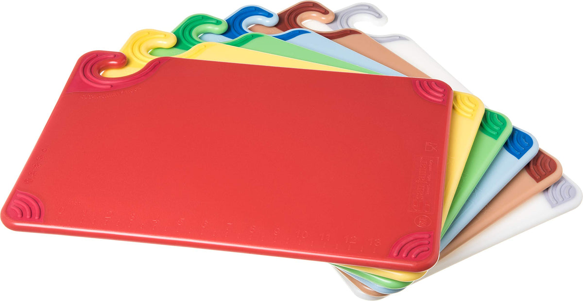 San Jamar Saf-T-Grip front packaging showing six color-coded boards and set benefits