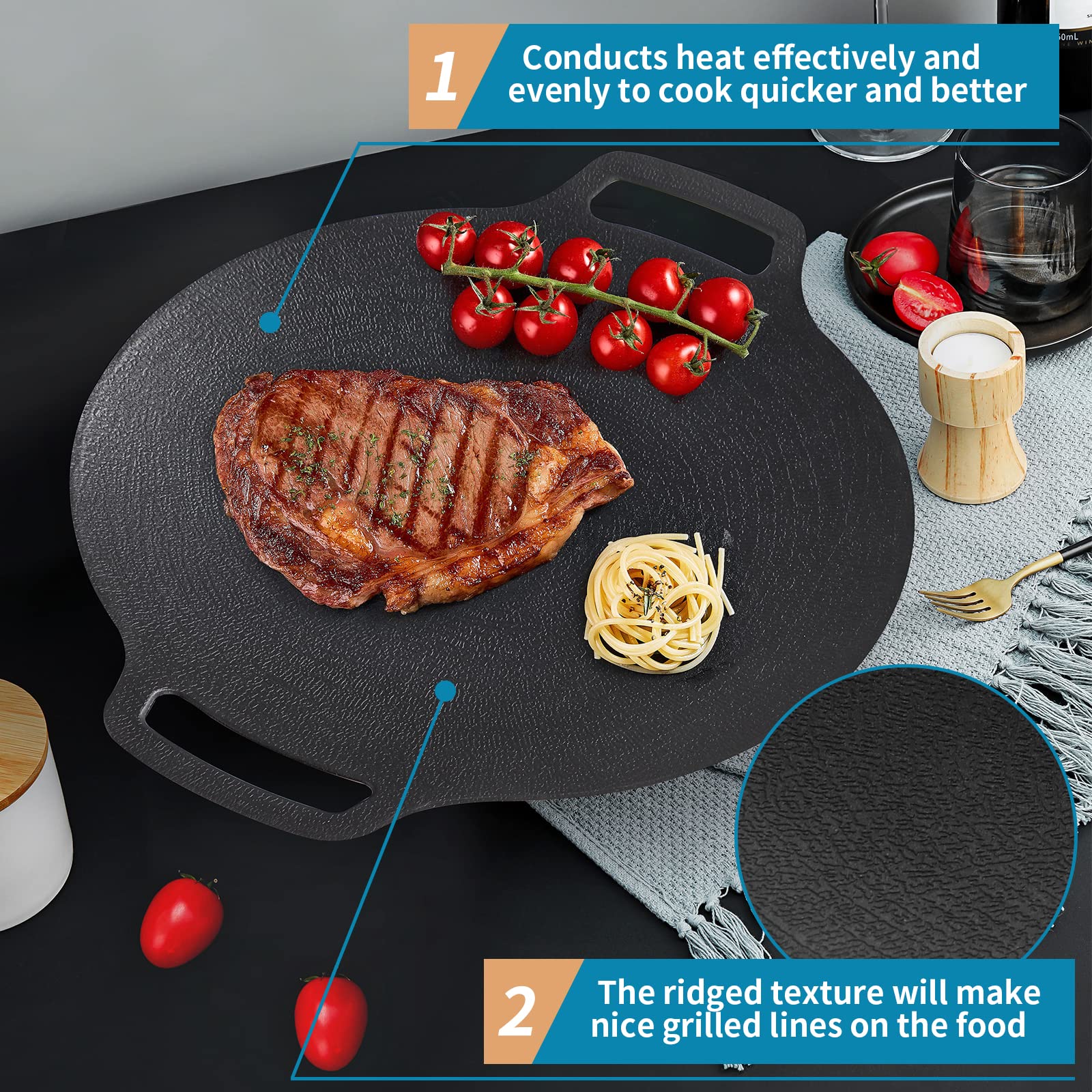 Sanbege grill pan on induction cooktop in use for fast, even heating