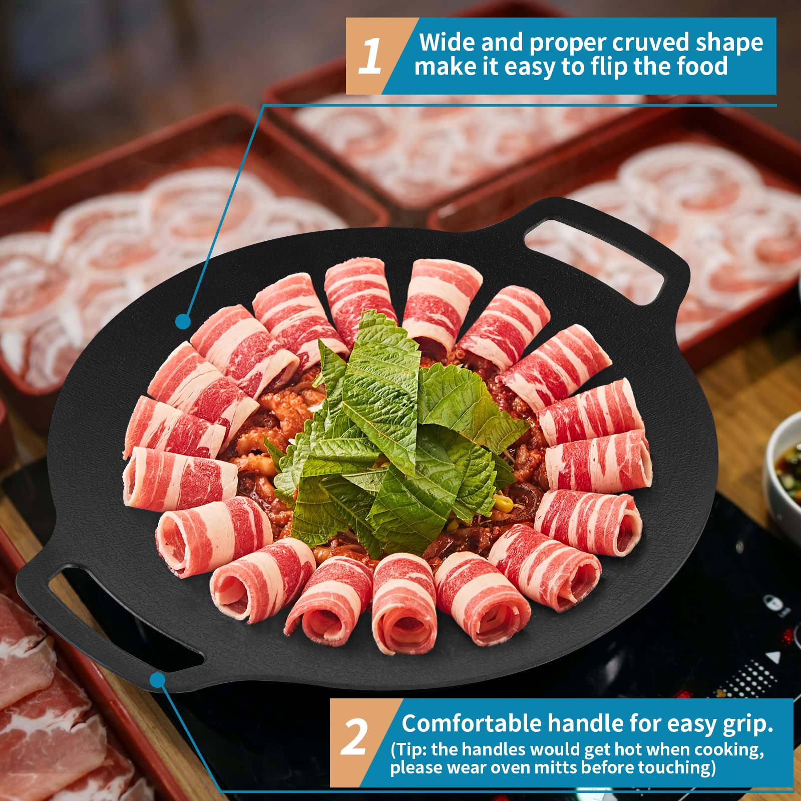 Sanbege pan cooking steak and vegetables to illustrate searing performance and versatility