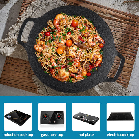 Sanbege pan next to utensils showing 13-inch scale and family-serving capacity