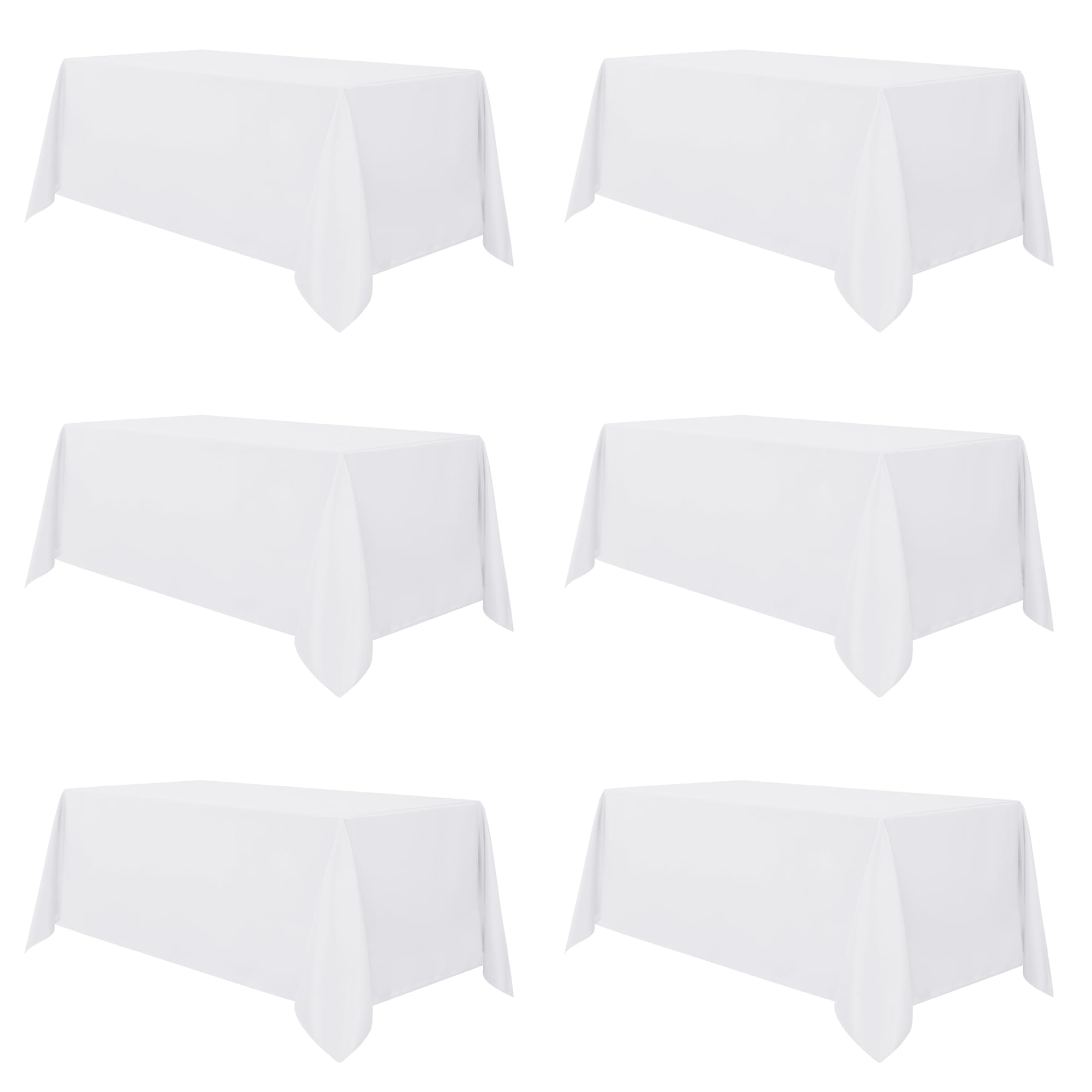sancua front flat lay showing six white tablecloths for easy event prep