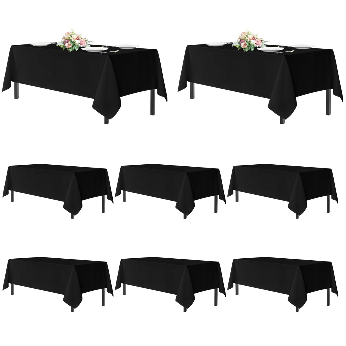 sancua front view of 8-pack showing uniform black tablecloths and value