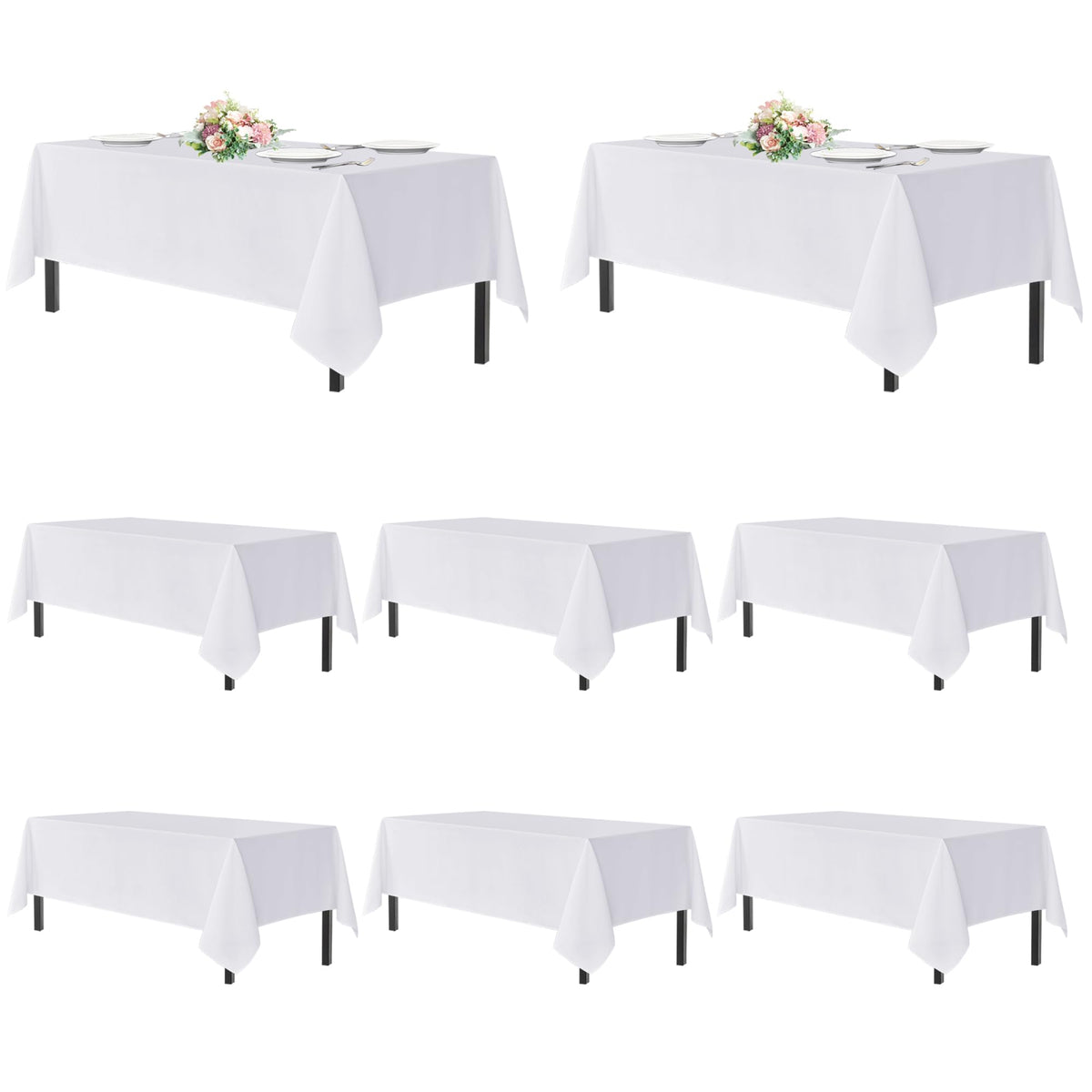 sancua front packaging showing eight white rectangular tablecloths ready to use