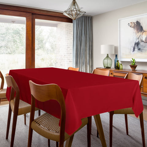 sancua red tablecloth draped on 8ft table for neat, professional presentation
