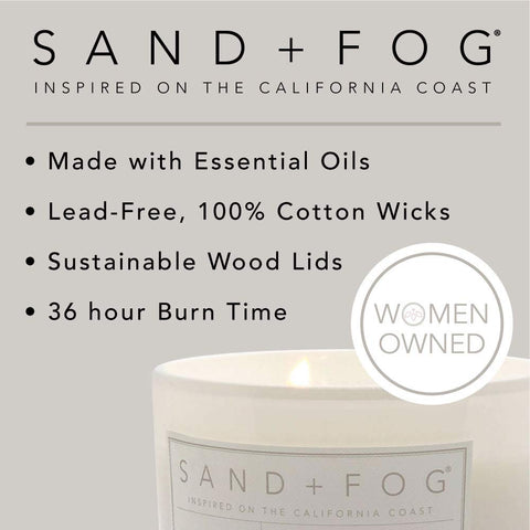 Sand + Fog fragrance notes layout, illustrating citrus, coconut, amber blend