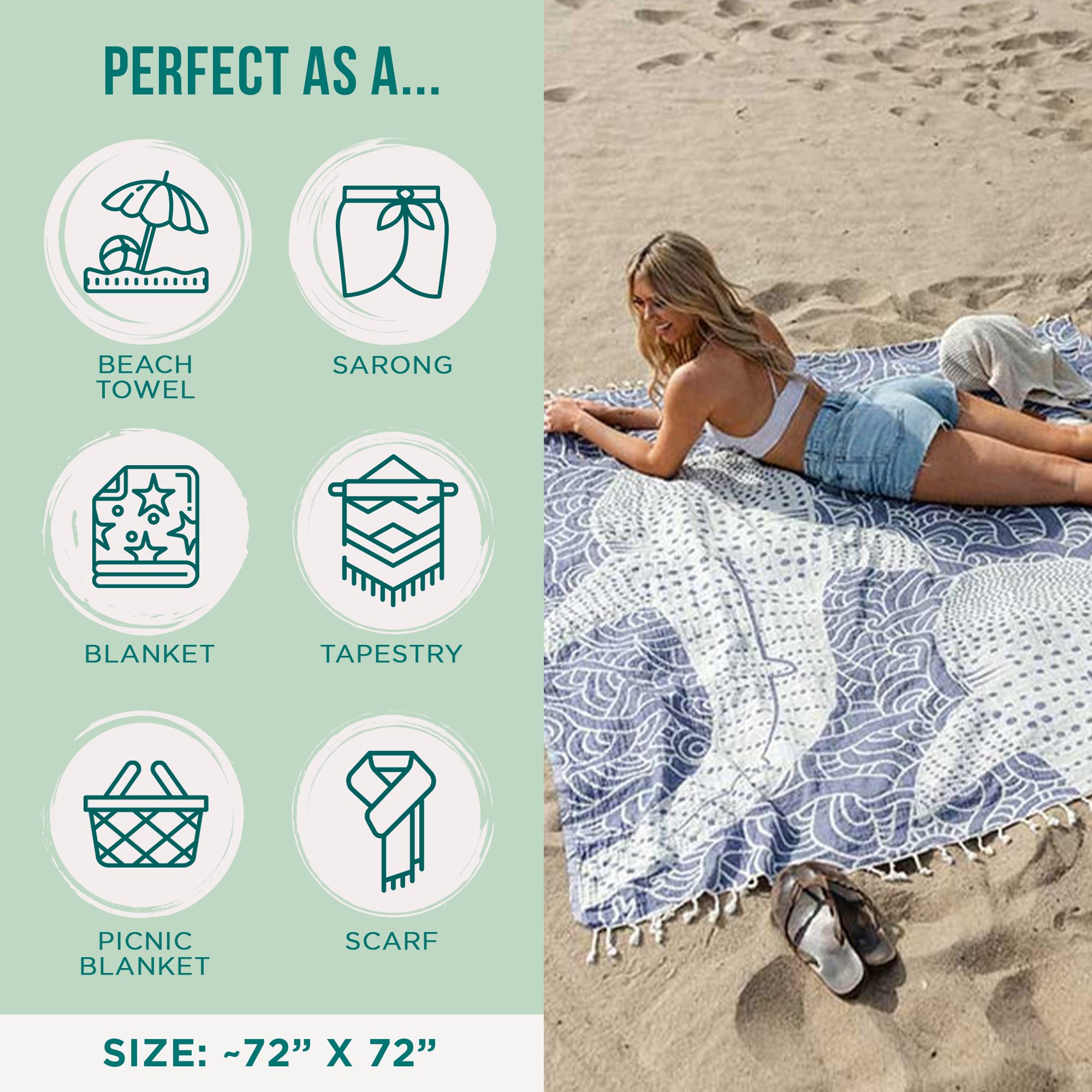 Sand Cloud towel in use on sand demonstrating sand-resistant shake-off benefit
