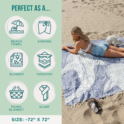 Sand Cloud towel in use on sand demonstrating sand-resistant shake-off benefit