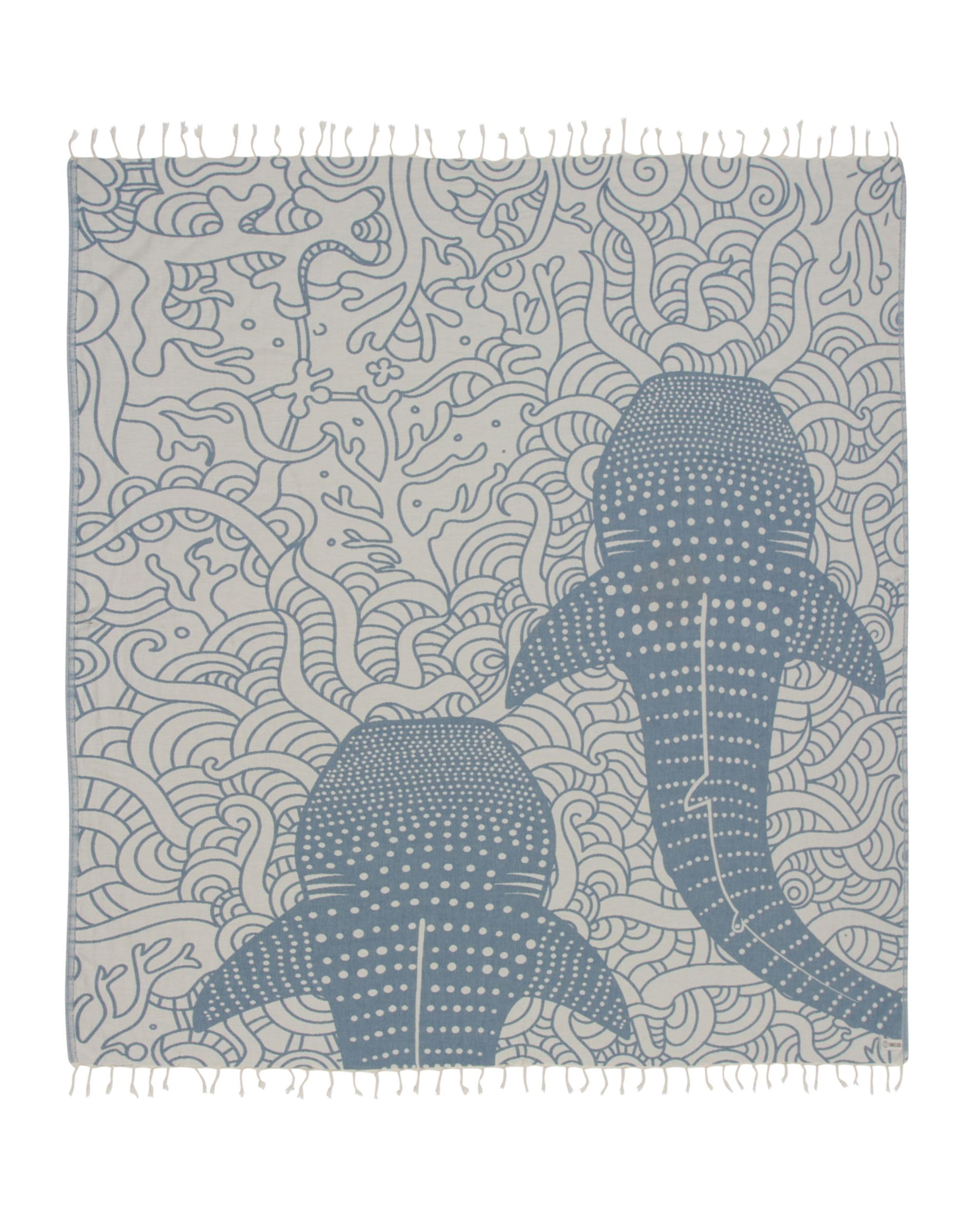 Sand Cloud towel front showing Whale Shark design and roomy coverage for beach fun