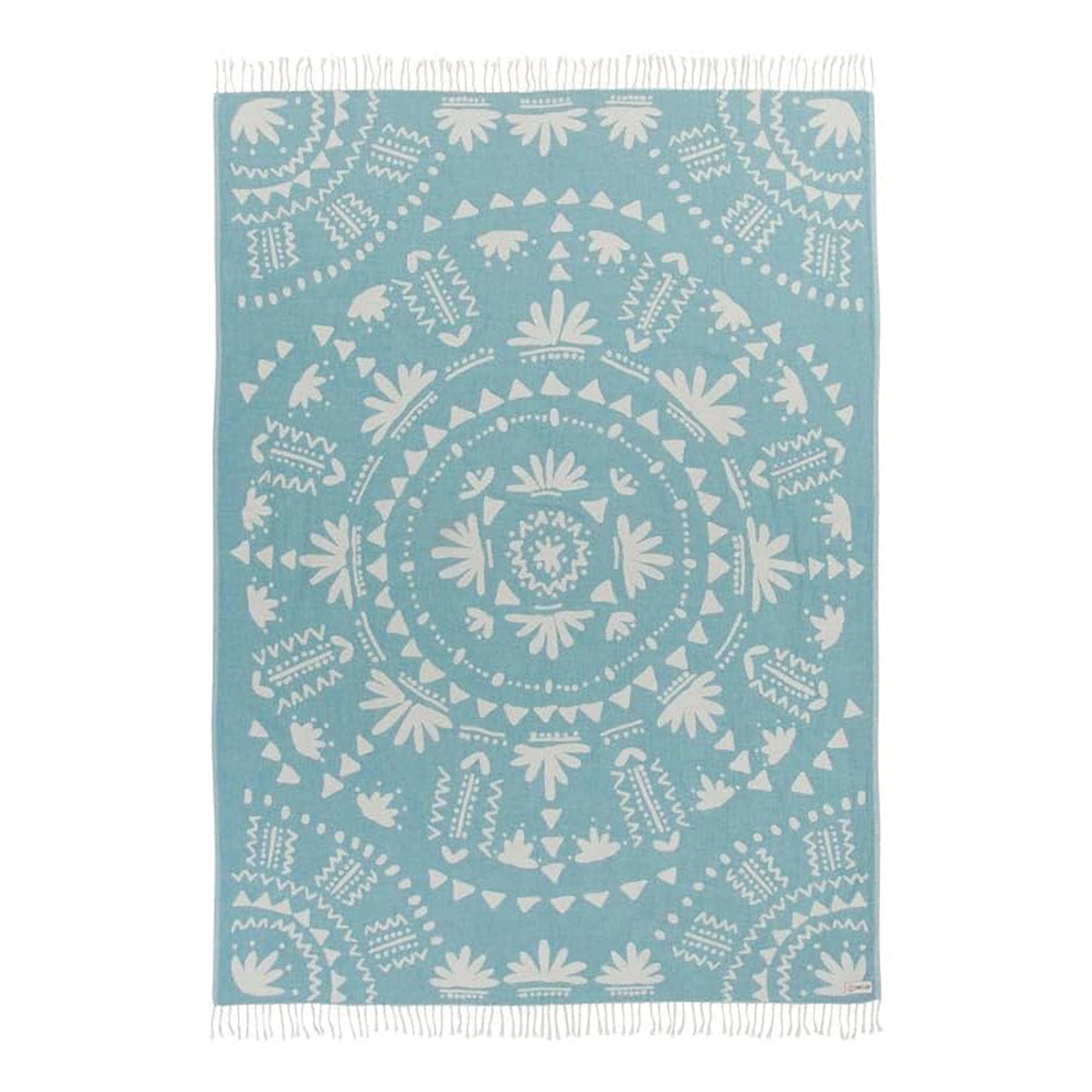 Sand Cloud front view showing full Boho Turquoise towel and generous size benefit