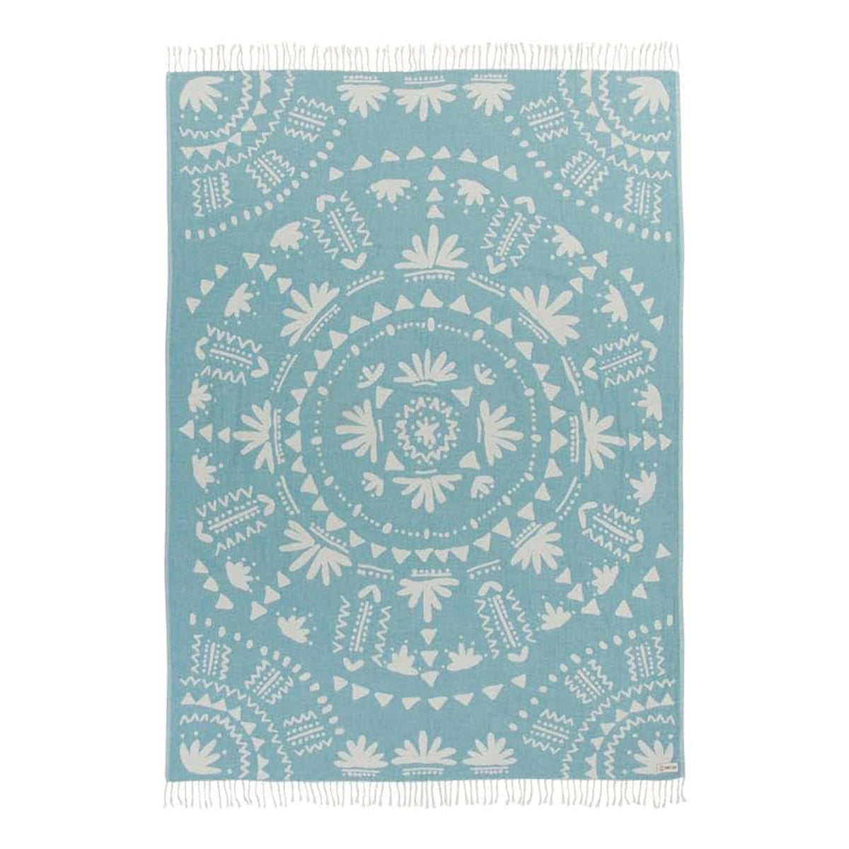 Sand Cloud front view showing full Boho Turquoise towel and generous size benefit