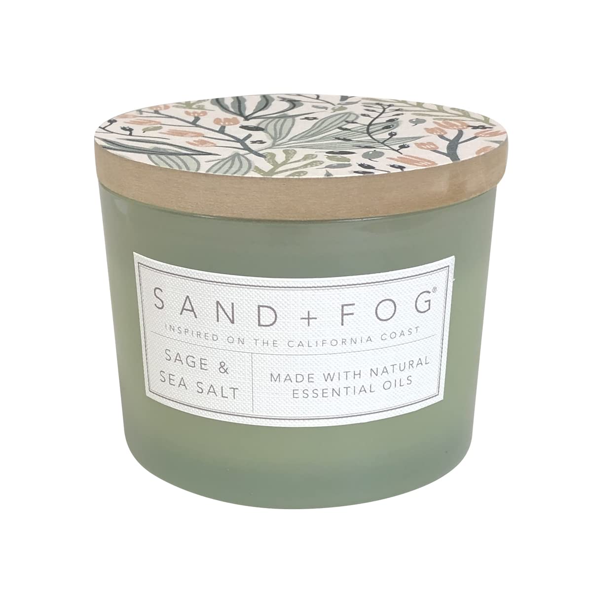 Sand + Fog front packaging showing sage-green jar and candle label benefit elegant decor