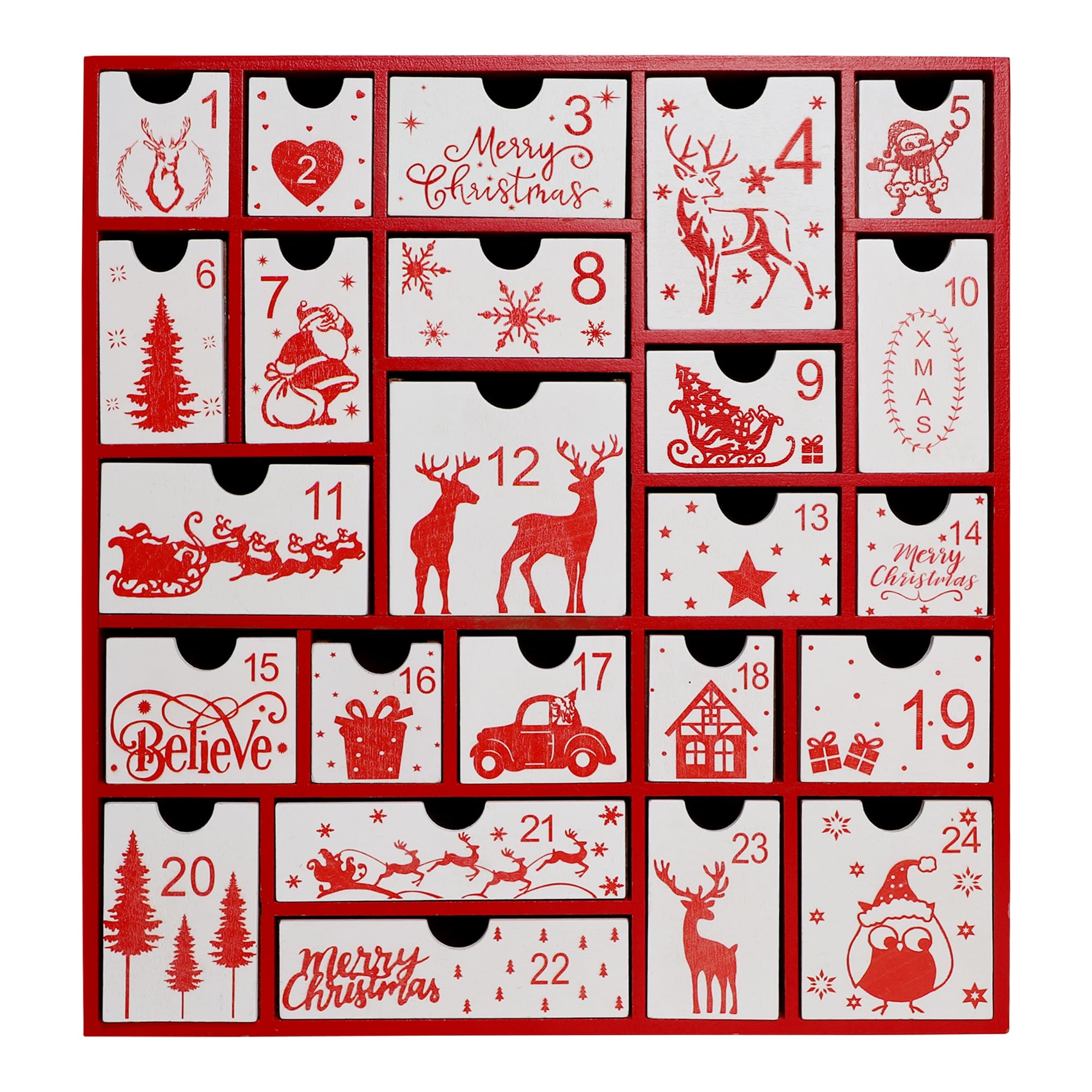 SAND MINE front view showing red frame and numbered drawers for festive display