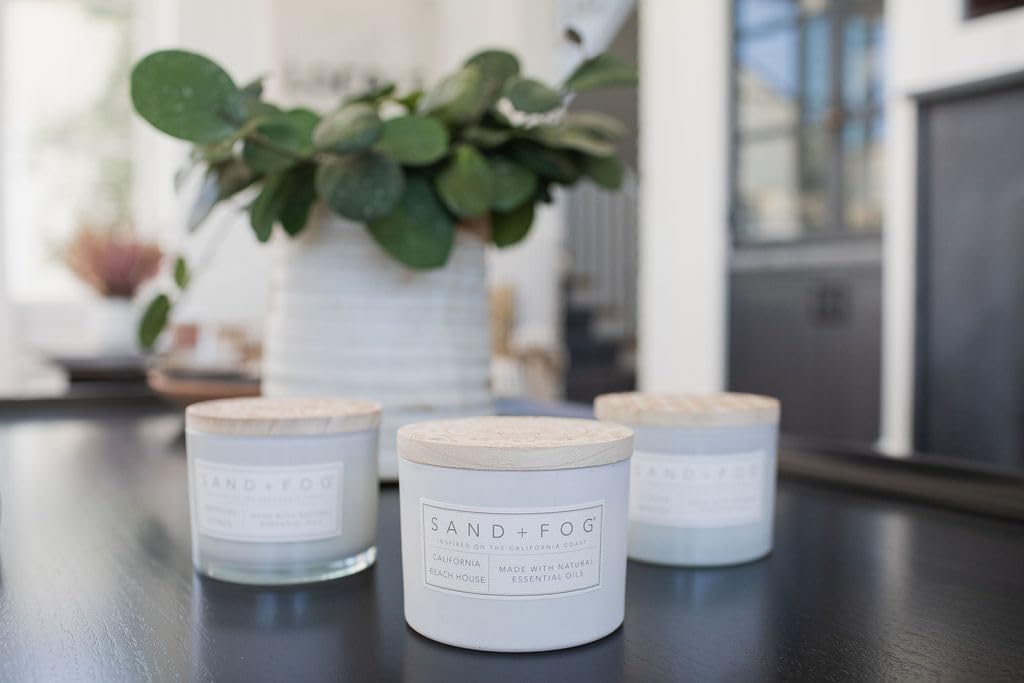 Sand + Fog candle burning in living room creating relaxing beachlike atmosphere