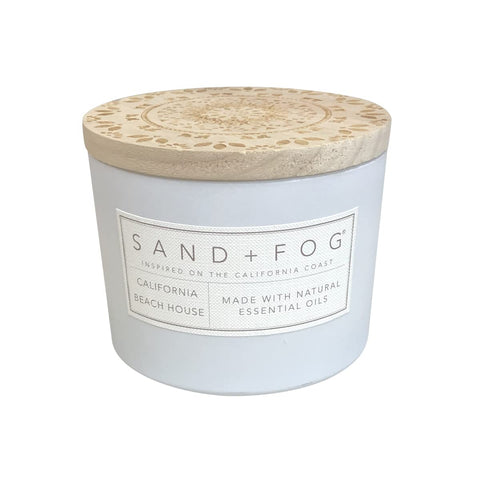 Sand + Fog front view of jar candle showing label and glass for stylish display