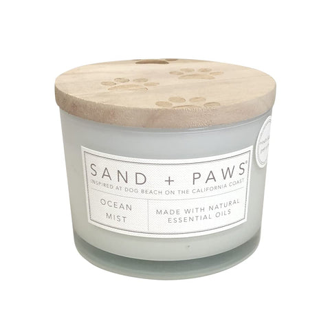 Sand + Paws front jar showing Ocean Mist label and elegant decor benefit