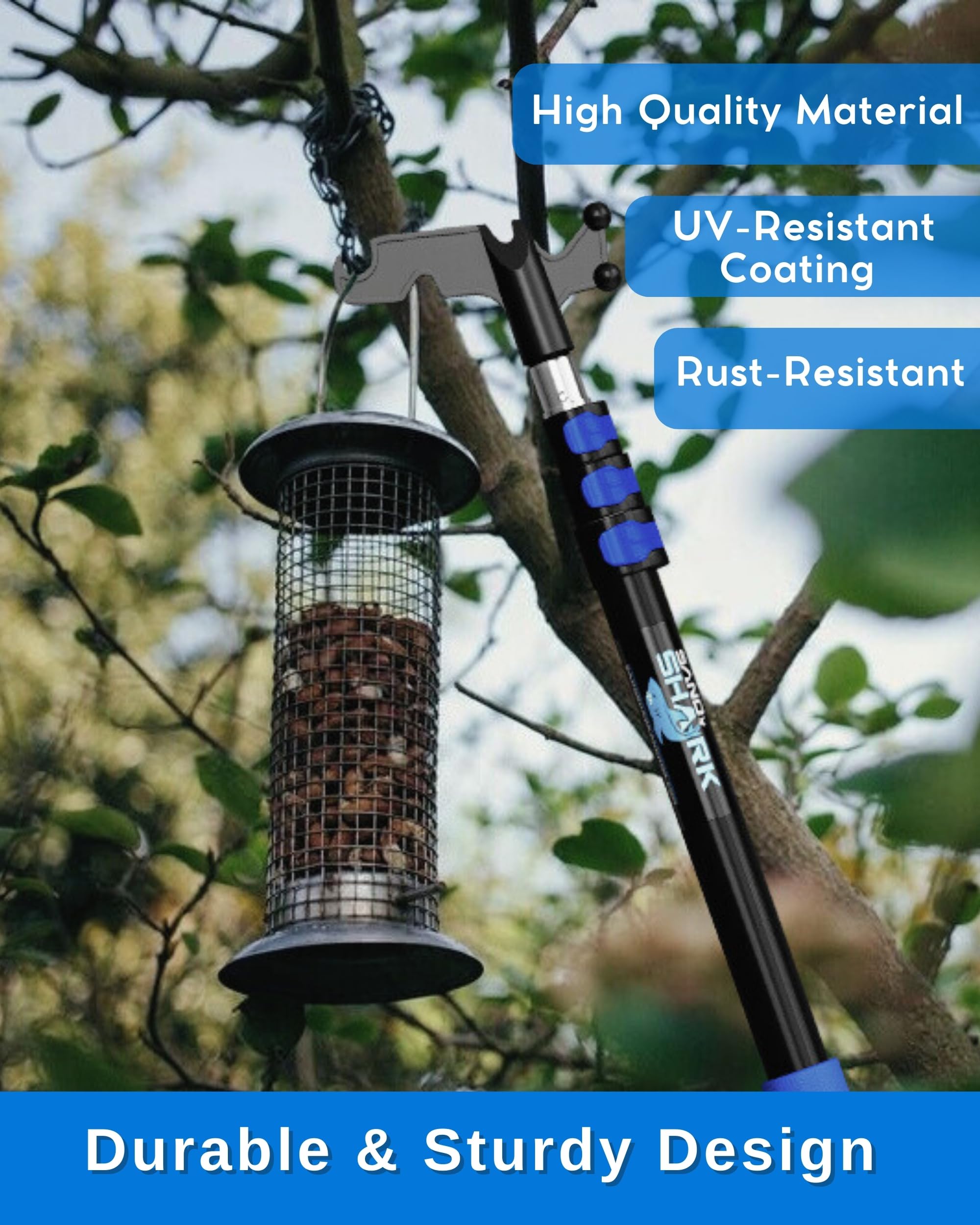 SAND SHARK fully extended pole reaching high eave for ladder-free access benefit