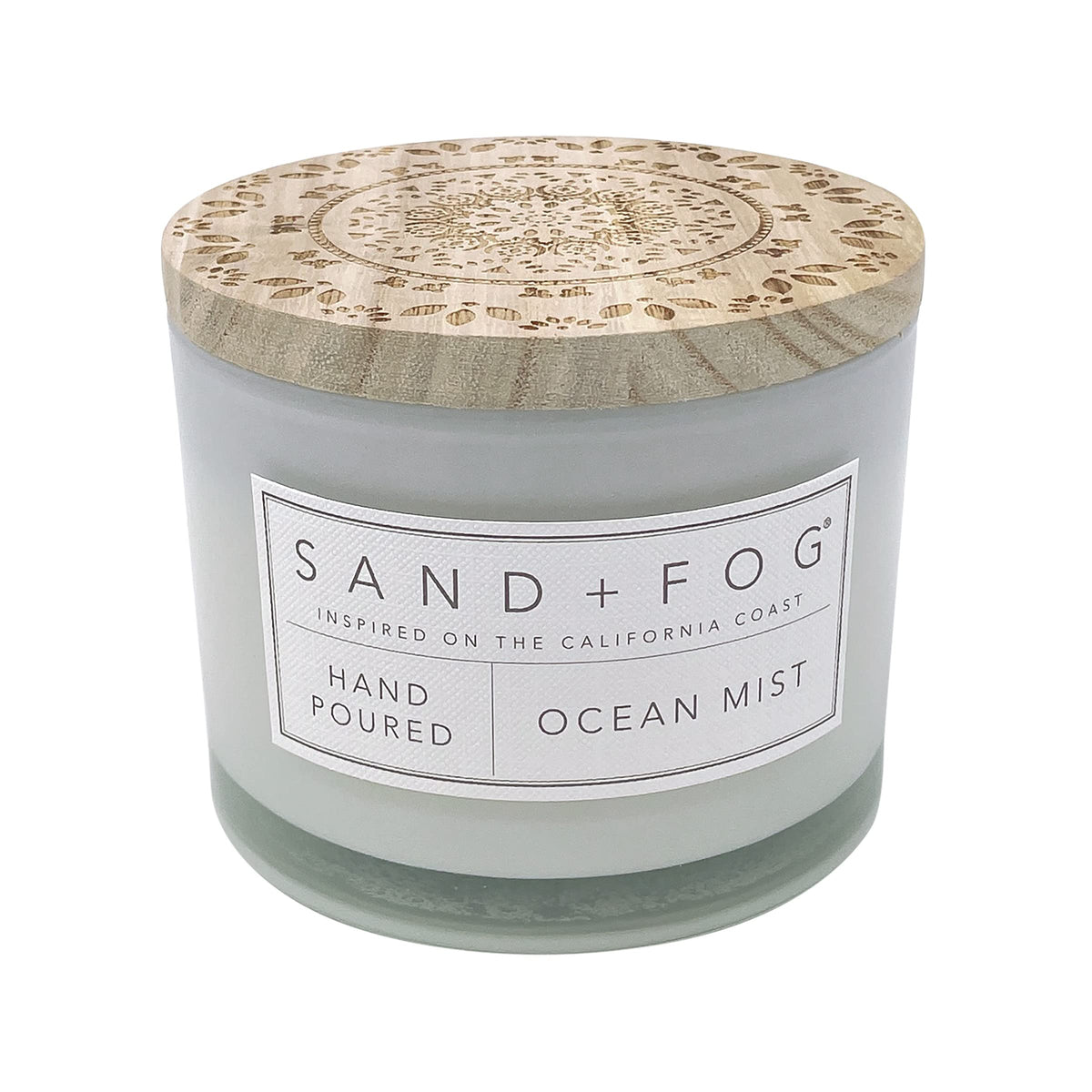 Sand + Fog front jar showing Ocean Mist label and elegant glass, enhances decor