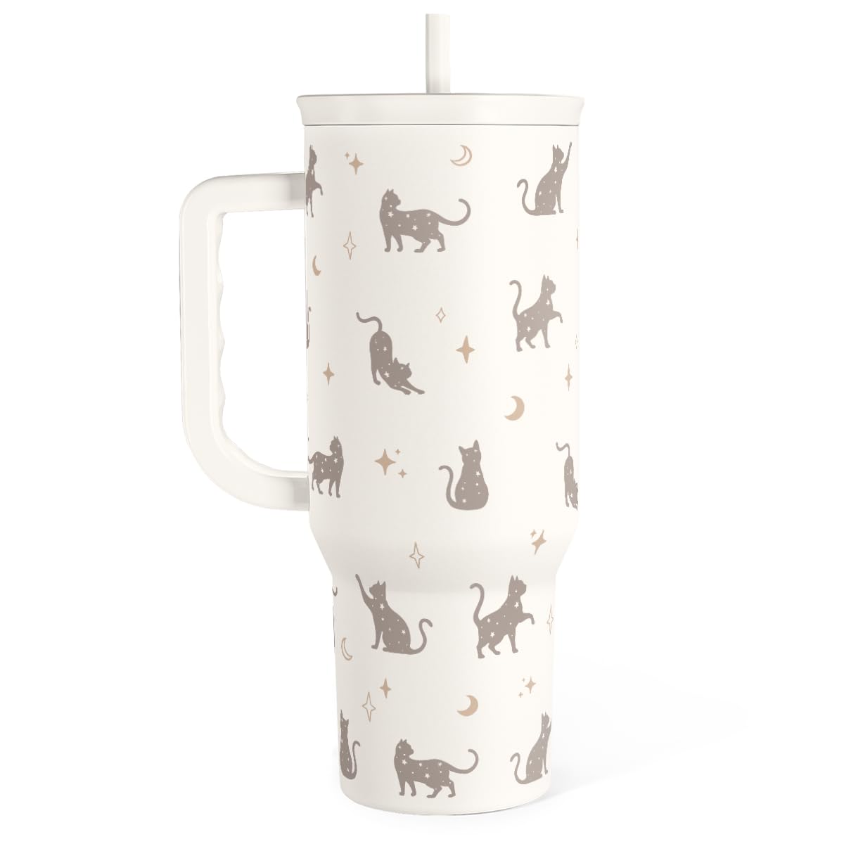 SANDJEST 40oz tumbler front view showing cat design and capacity benefit