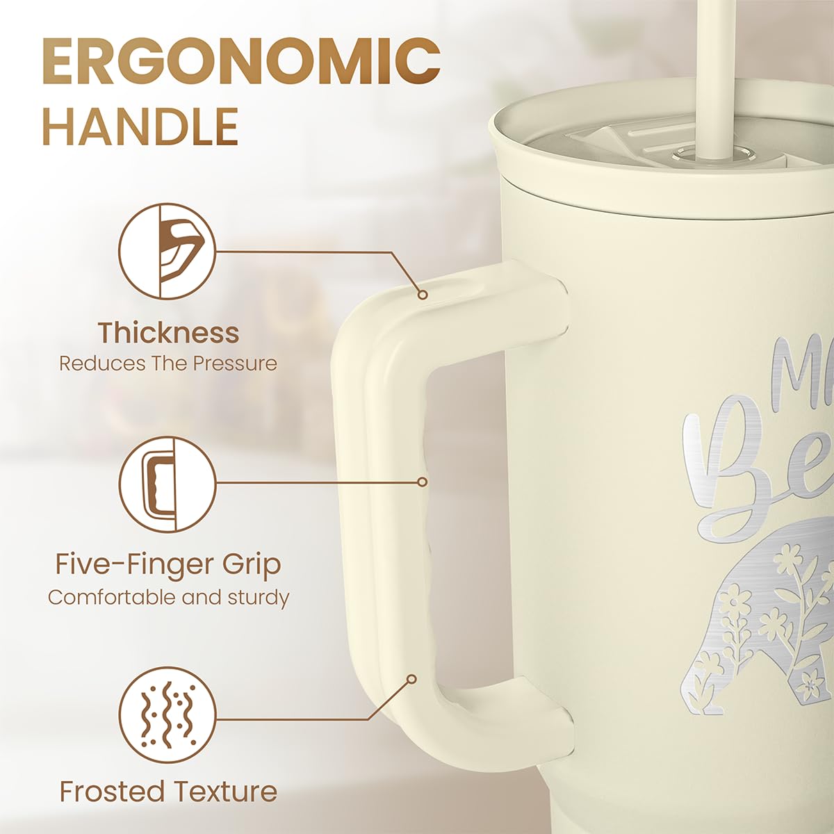 SANDJEST 40oz tumbler handle detail showing ergonomic grip