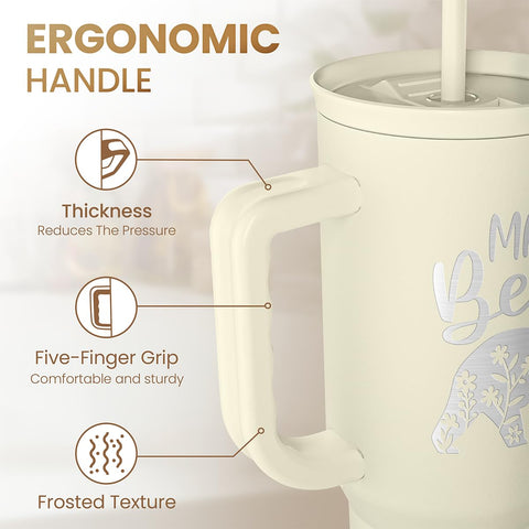 SANDJEST 40oz tumbler handle detail showing ergonomic grip