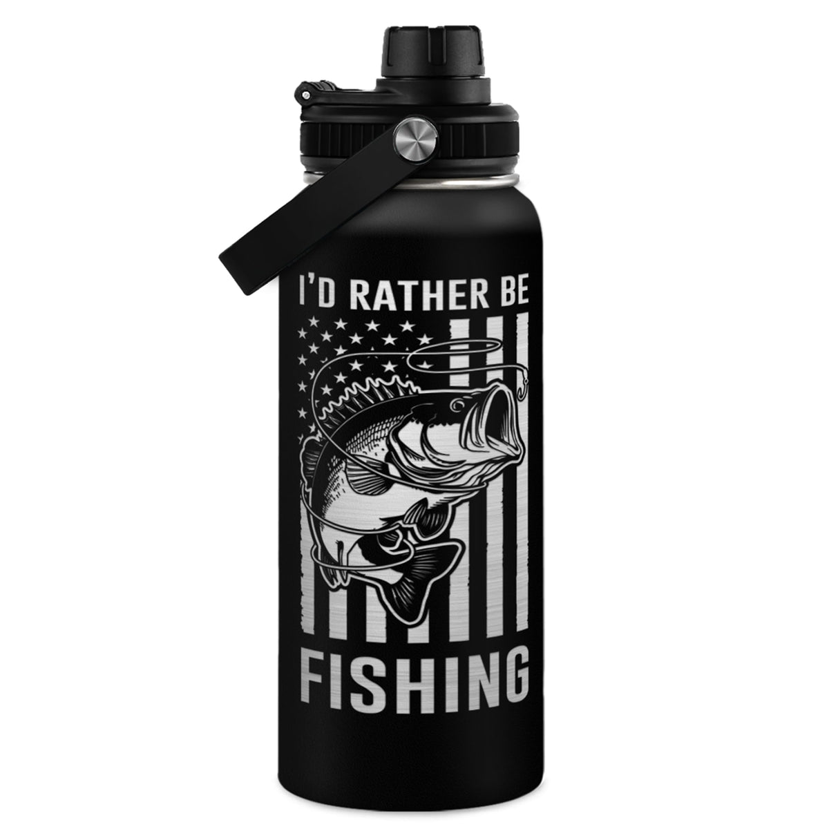 SANDJEST water bottle front view showing deer fishing design and durable finish for outdoor style
