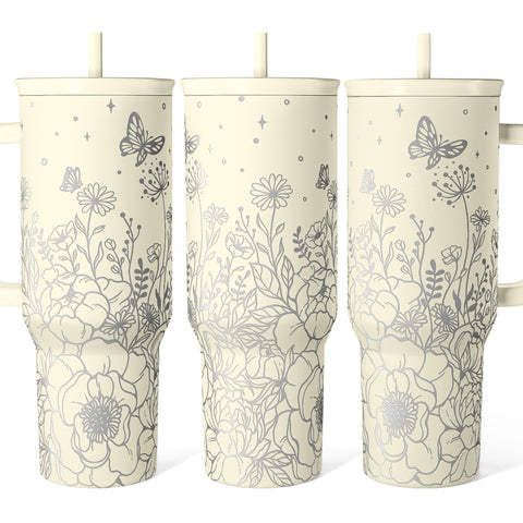 SANDJEST floral tumbler front view showing decorative pattern and large capacity benefit