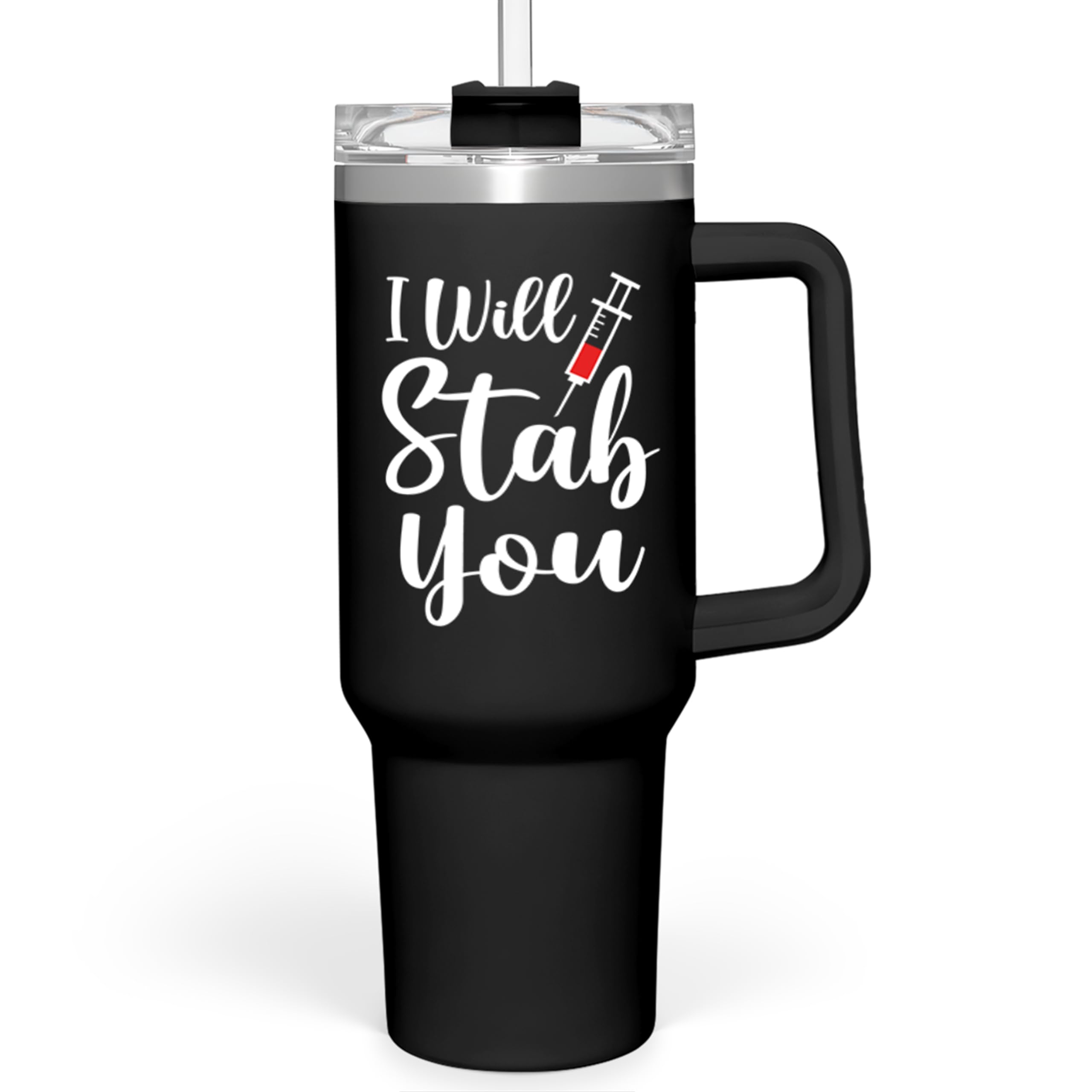 SANDJEST front view of 40oz nurse tumbler showing printed design and finish
