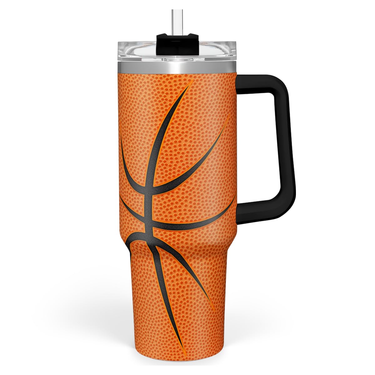 SANDJEST basketball tumbler front view showing full design and benefits