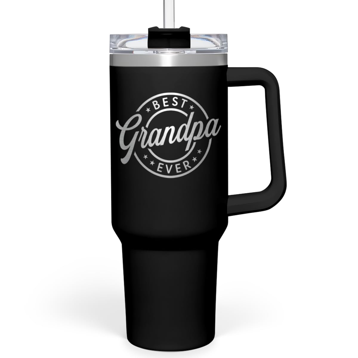 SANDJEST front view of tumbler with handle showing clear message and easy grip