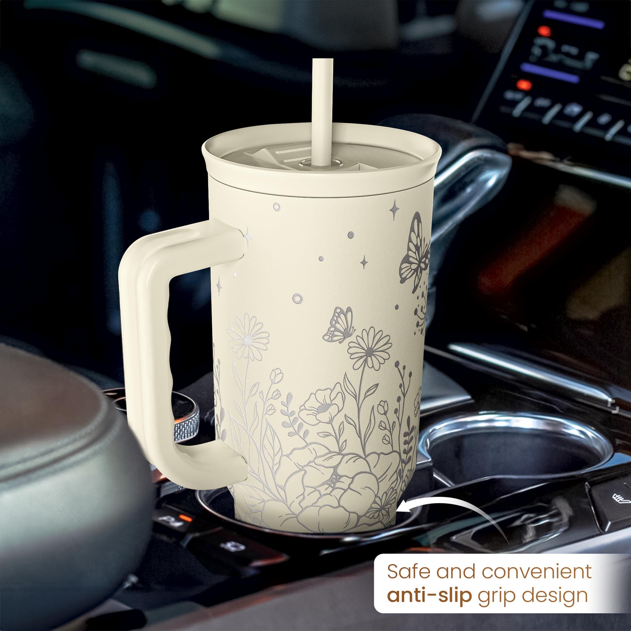 SANDJEST in car cupholder demonstrating secure travel fit and convenience