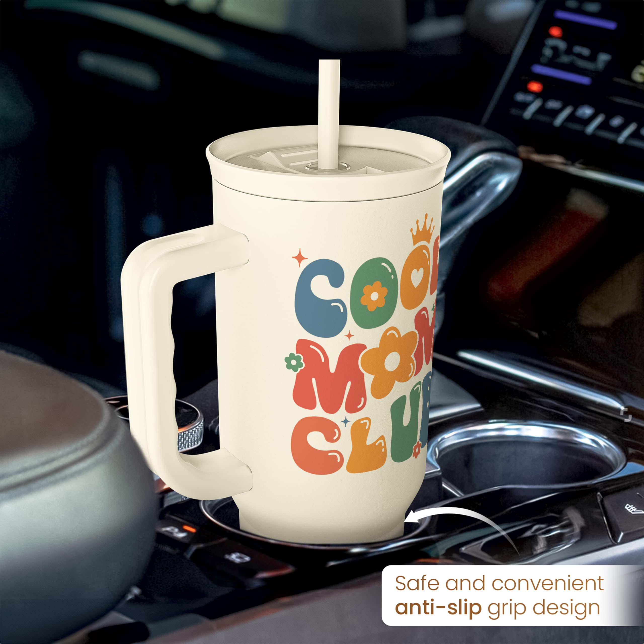 SANDJEST tumbler in car cup holder showing travel-friendly stability