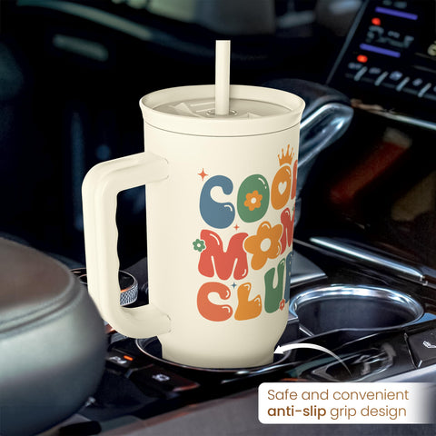 SANDJEST tumbler in car cup holder showing travel-friendly stability