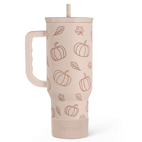 SANDJEST pumpkin tumbler front view showing festive design and spacious capacity