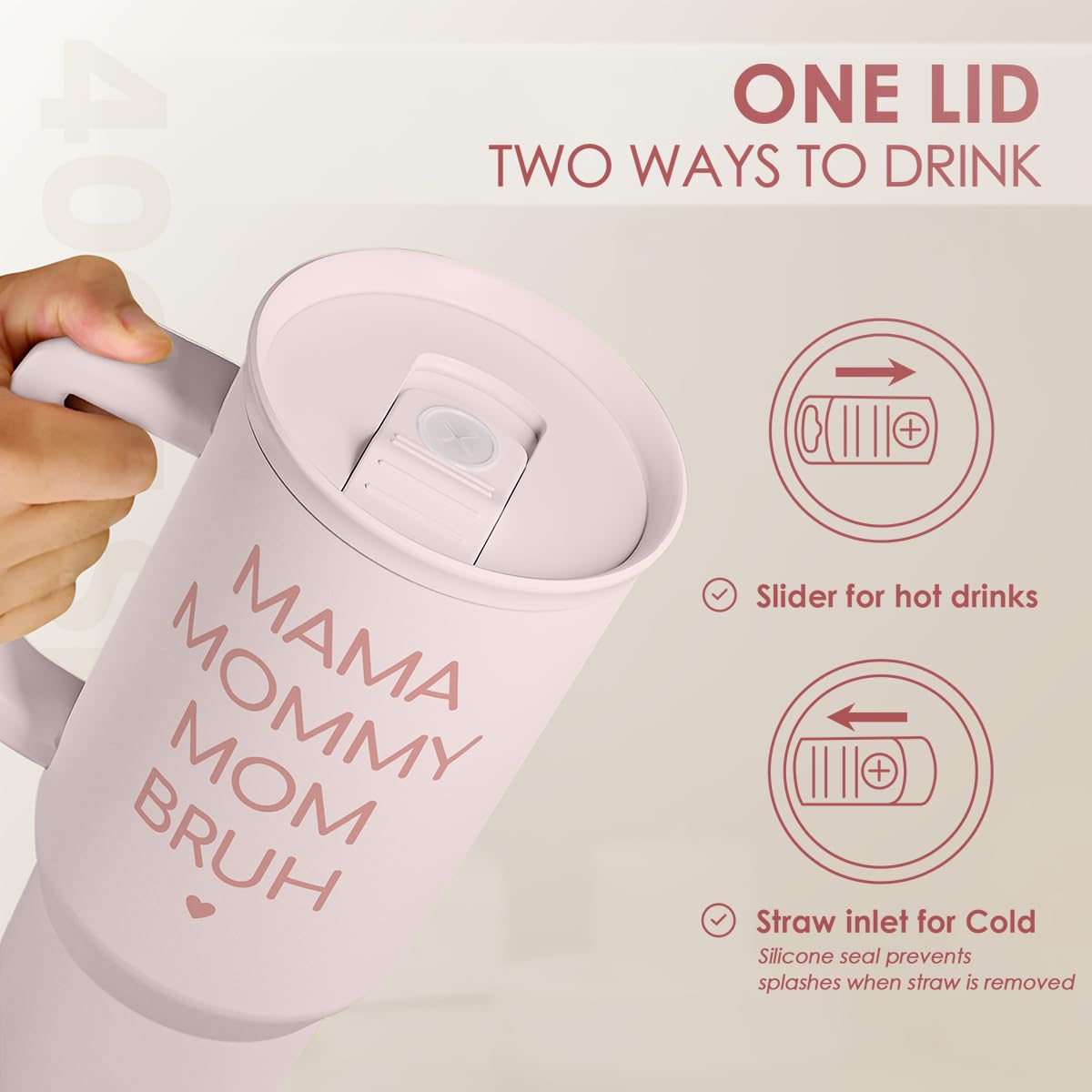 SANDJEST 40oz tumbler beside a hand showing true scale and reduced refill need