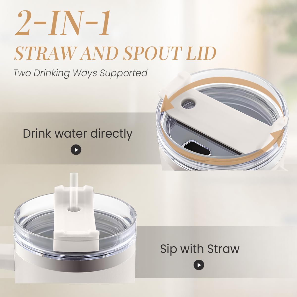 SANDJEST lid and reusable straw top view highlighting spill reduction and easy sipping