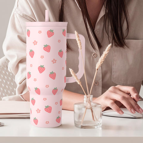 SANDJEST strawberry tumbler close-up of print emphasizes attractive strawberry design