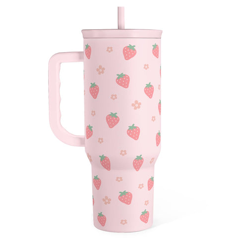 SANDJEST strawberry tumbler front packaging shows stylish design and capacity benefit