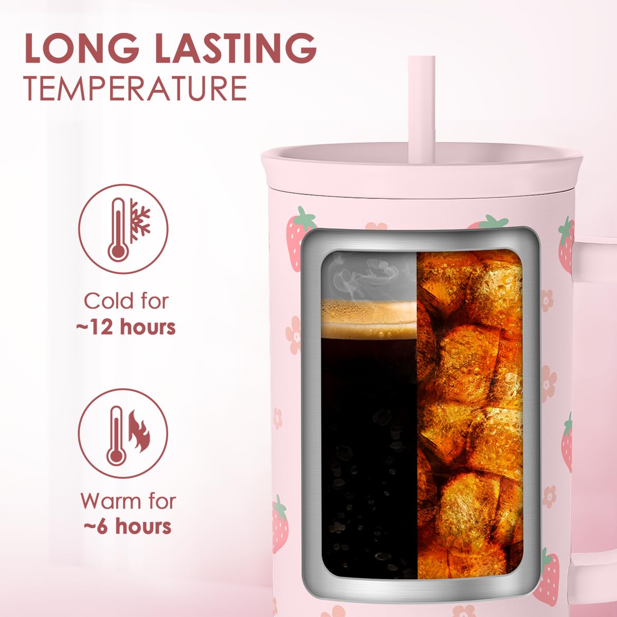 SANDJEST strawberry tumbler in hand demonstrates 40oz scale and portability