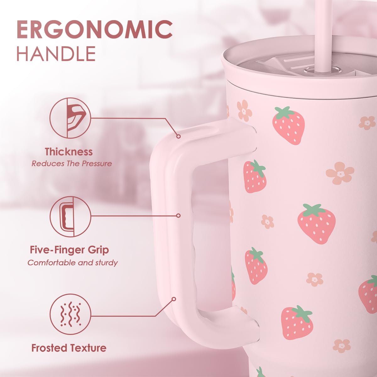 SANDJEST strawberry tumbler slider lid top view prevents spills on the go