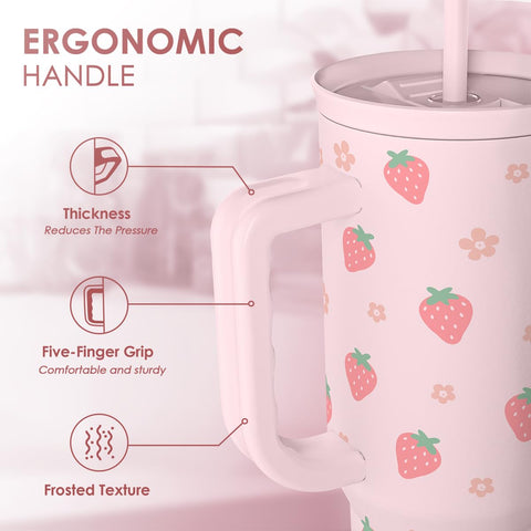 SANDJEST strawberry tumbler slider lid top view prevents spills on the go