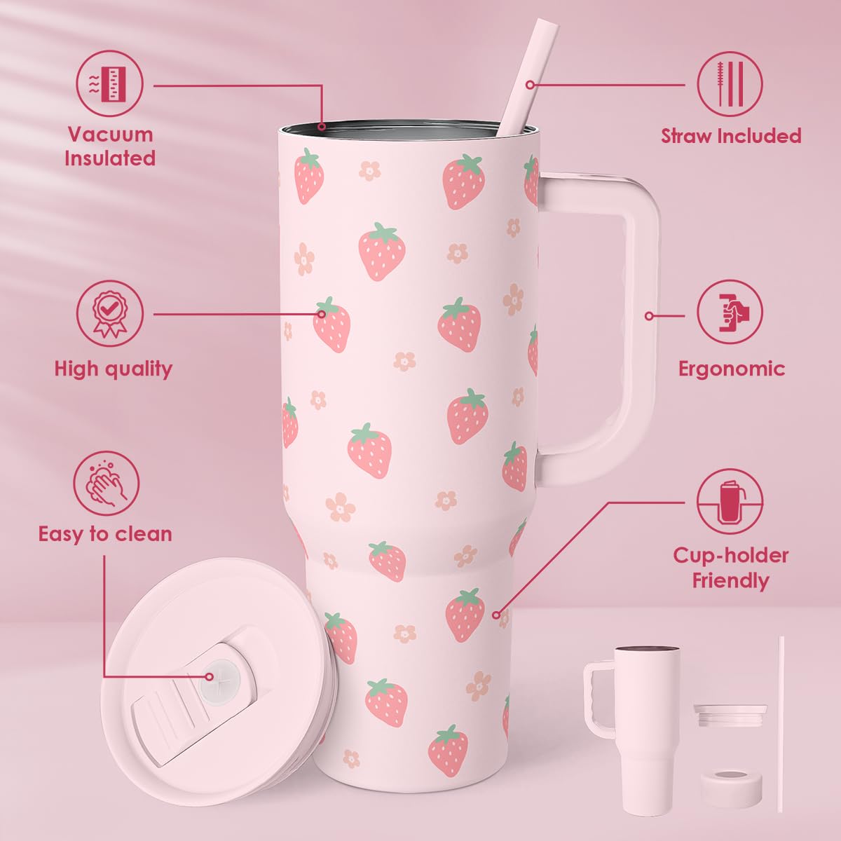 SANDJEST strawberry tumbler handle detail highlights comfortable secure grip