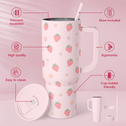 SANDJEST strawberry tumbler handle detail highlights comfortable secure grip