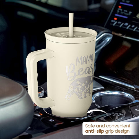 SANDJEST tumbler in car cupholder showing travel convenience