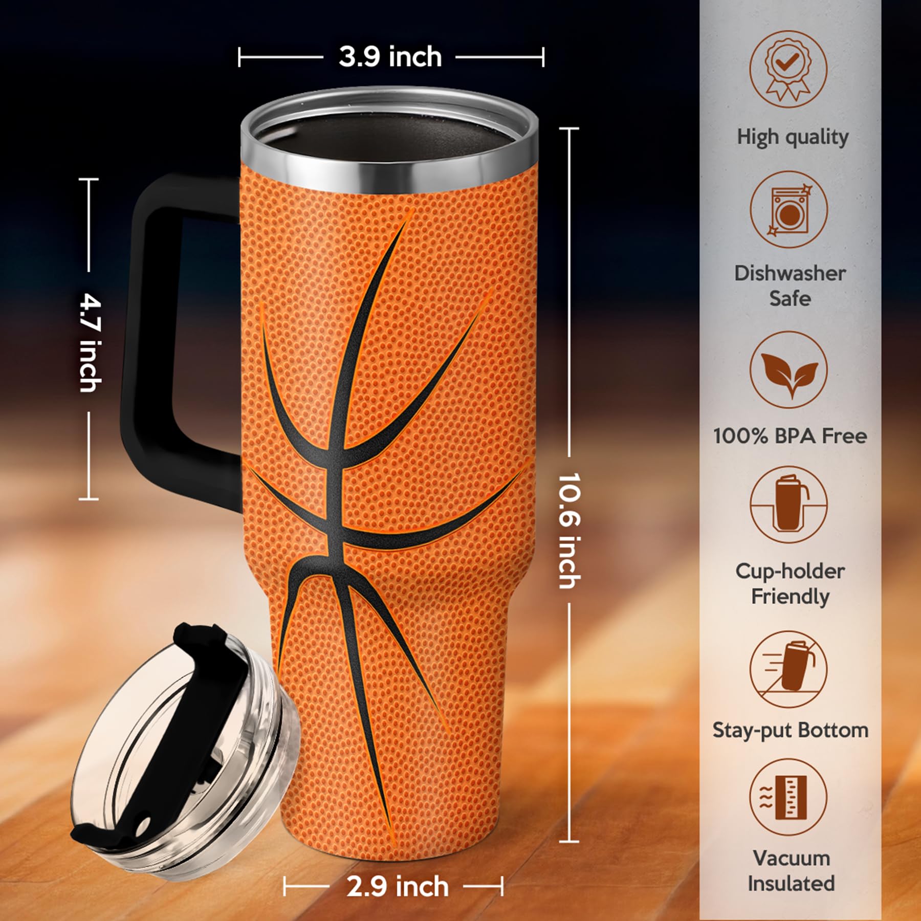 SANDJEST tumbler held by handle showing comfortable carry and portability