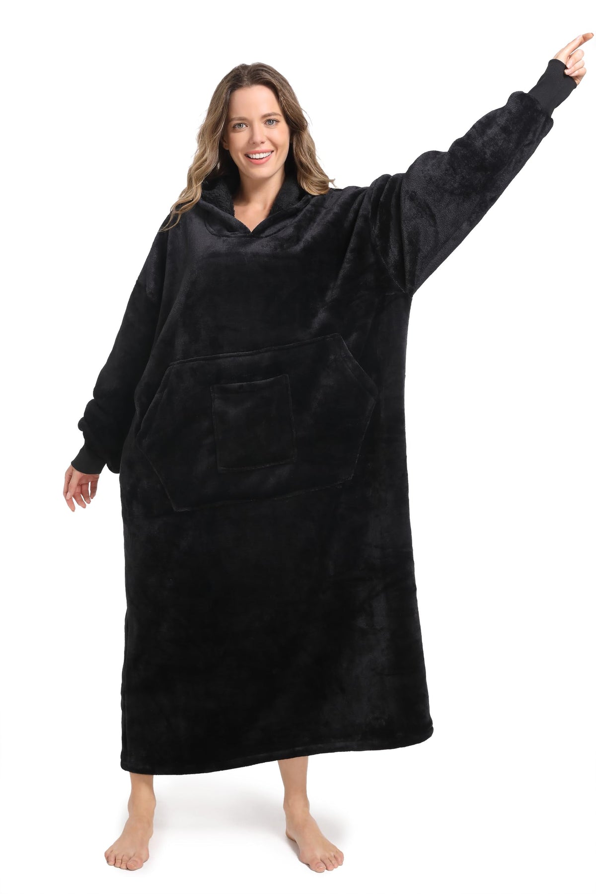 SANDOLONI front view of hoodie blanket showing buttons and roomy fit for instant comfort