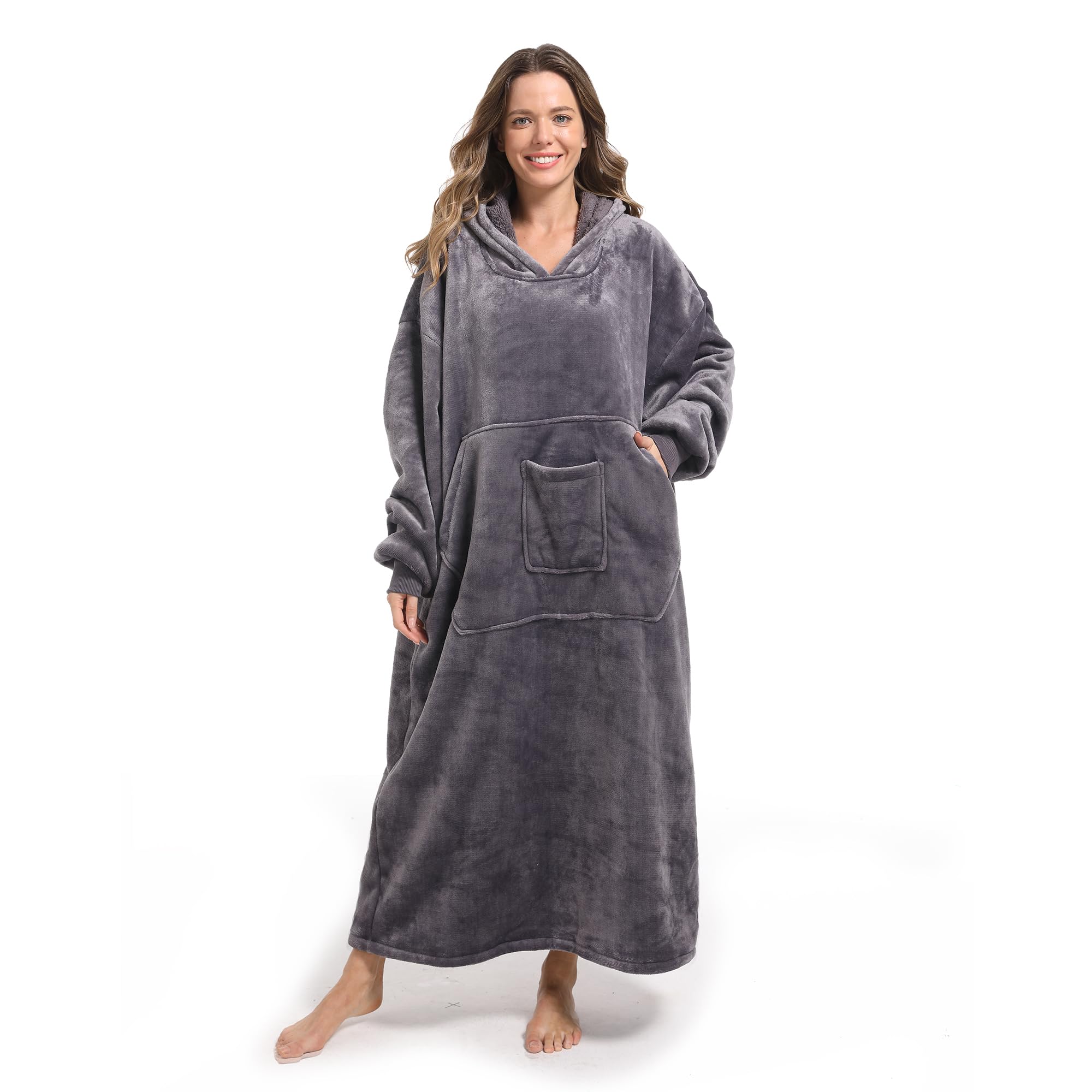 SANDOLONI front view oversized hoodie showing roomy fit and buttoned front for warmth