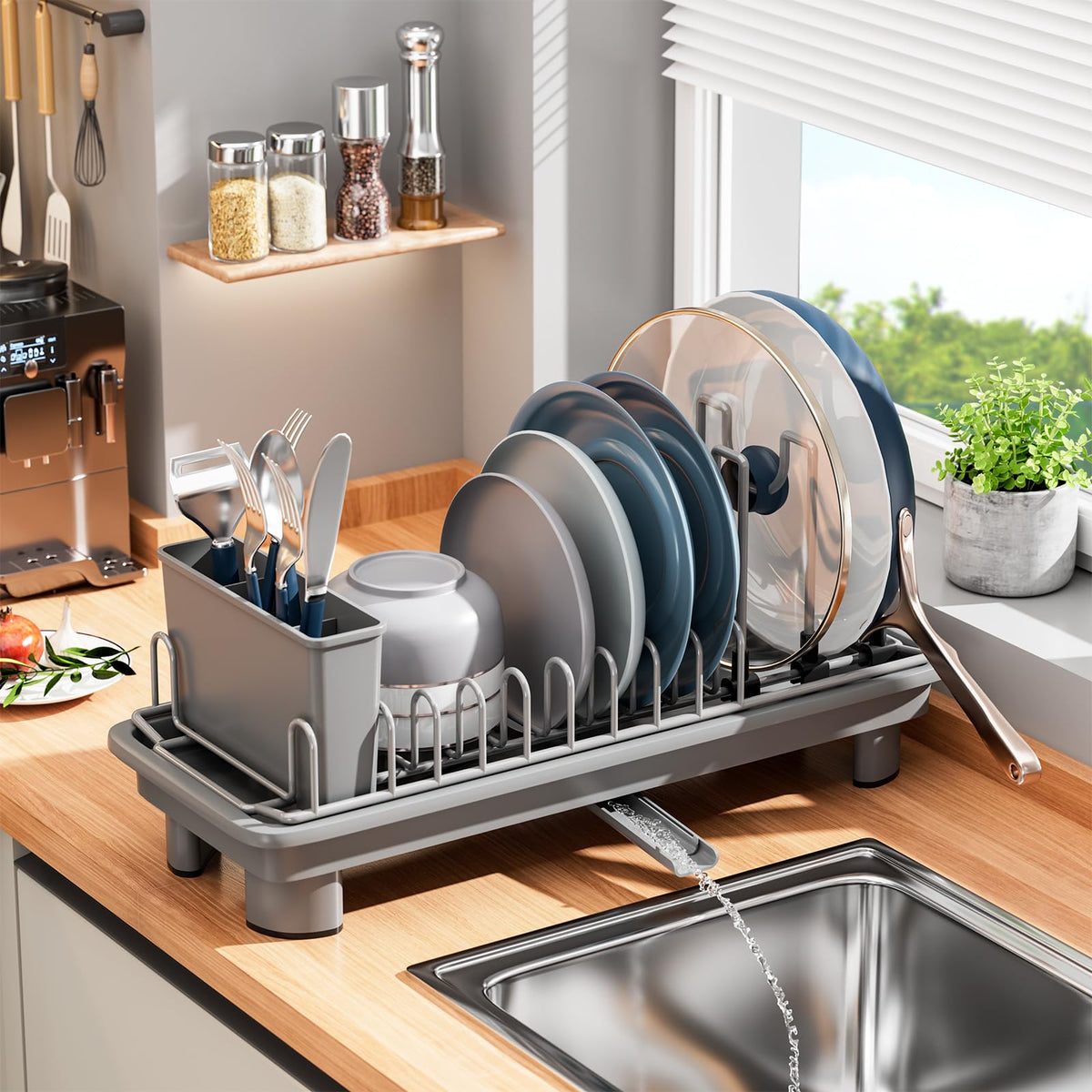 SanDream front view of compact stainless steel dish rack showing full layout and storage benefit