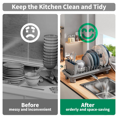 SanDream dish rack in a kitchen setting showing tidy counters and apartment-friendly benefit