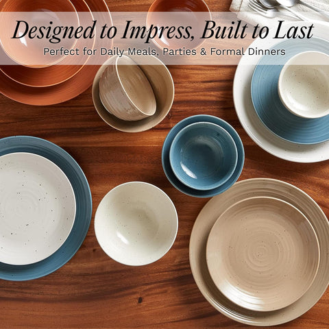 SANGO plates and bowls with flatware showing coordinated serving and everyday usability